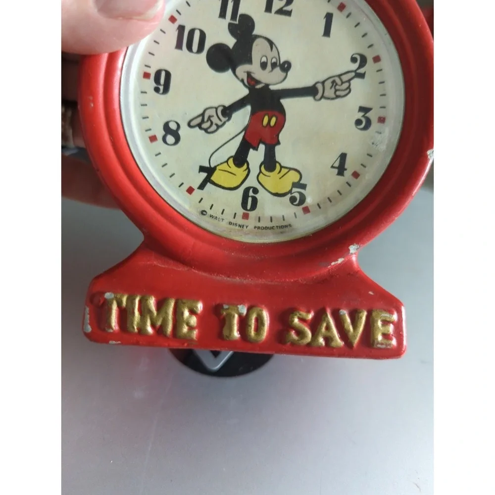 Vintage Enesco Disney Mickey Mouse Bank Clock  Time To Save Japan Red & Gold